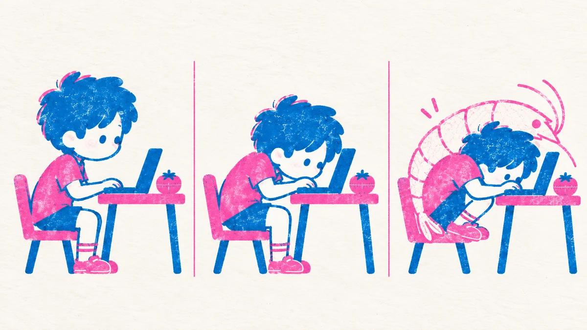A kid at a laptop slowly curling into a shrimp shape